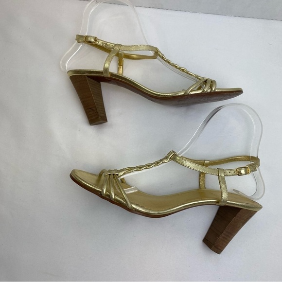 J. Crew “Paige” Metallic Gold Strppy Leather Braided Chunky Heel - Picture 8 of 14